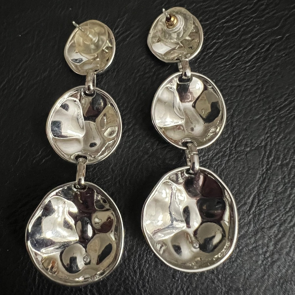 Silver Tone Hammered Triple Circle Dangle Statement Earrings  2.75" Cottagecore